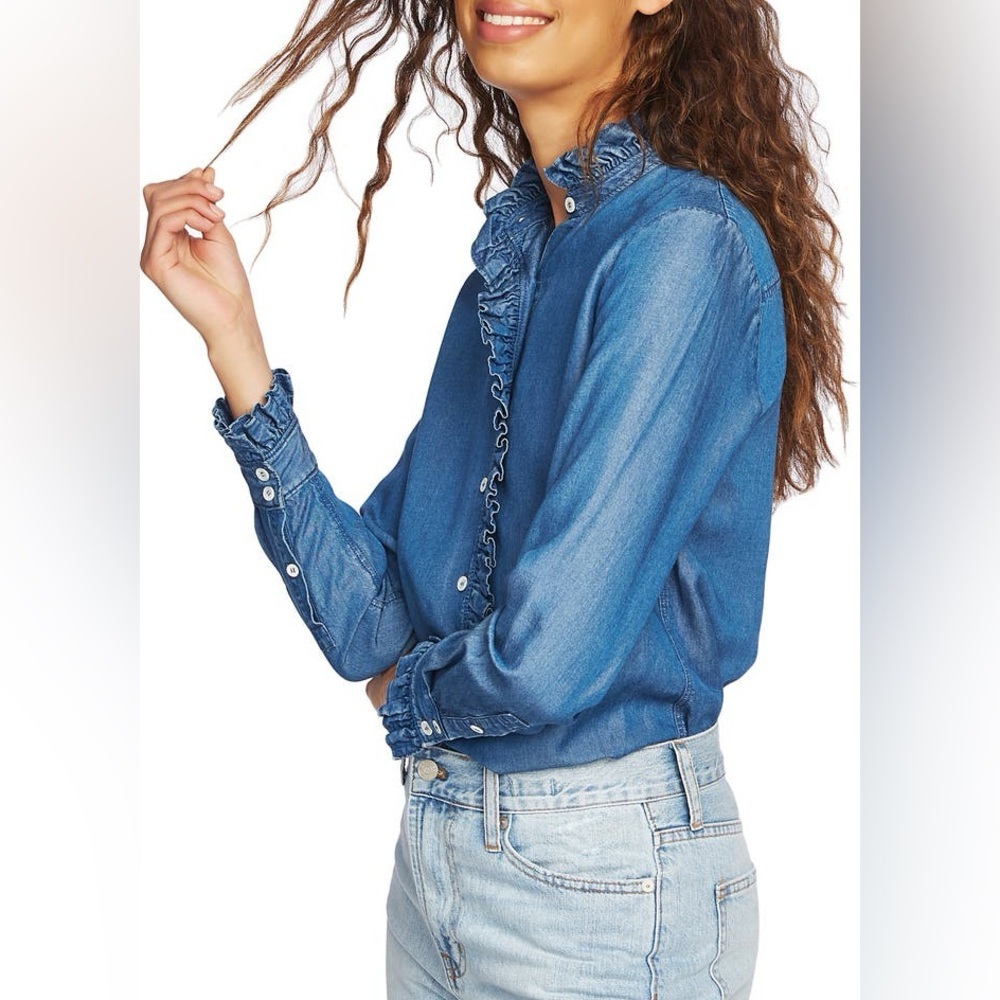 NEW COURT & ROWE Ruffle Tencel Lyocell Button-Down Shirt in Denim Blue - Picture 3 of 10